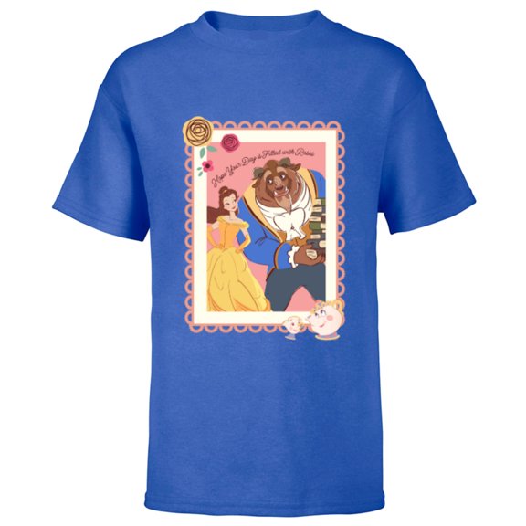 Disney Princess Belle Beast Valentines Day Filled with Roses - Short Sleeve T-Shirt for Kids - Customized-Royal