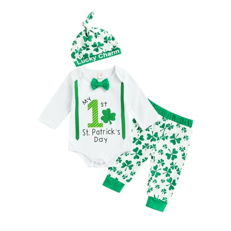 

Meihuida Newborn Infant Boy Fashion Outfit Letter Four-leaf Clover Print Bowknot Long Sleeve Romper Pant Hat 3 Pcs Clothes Set