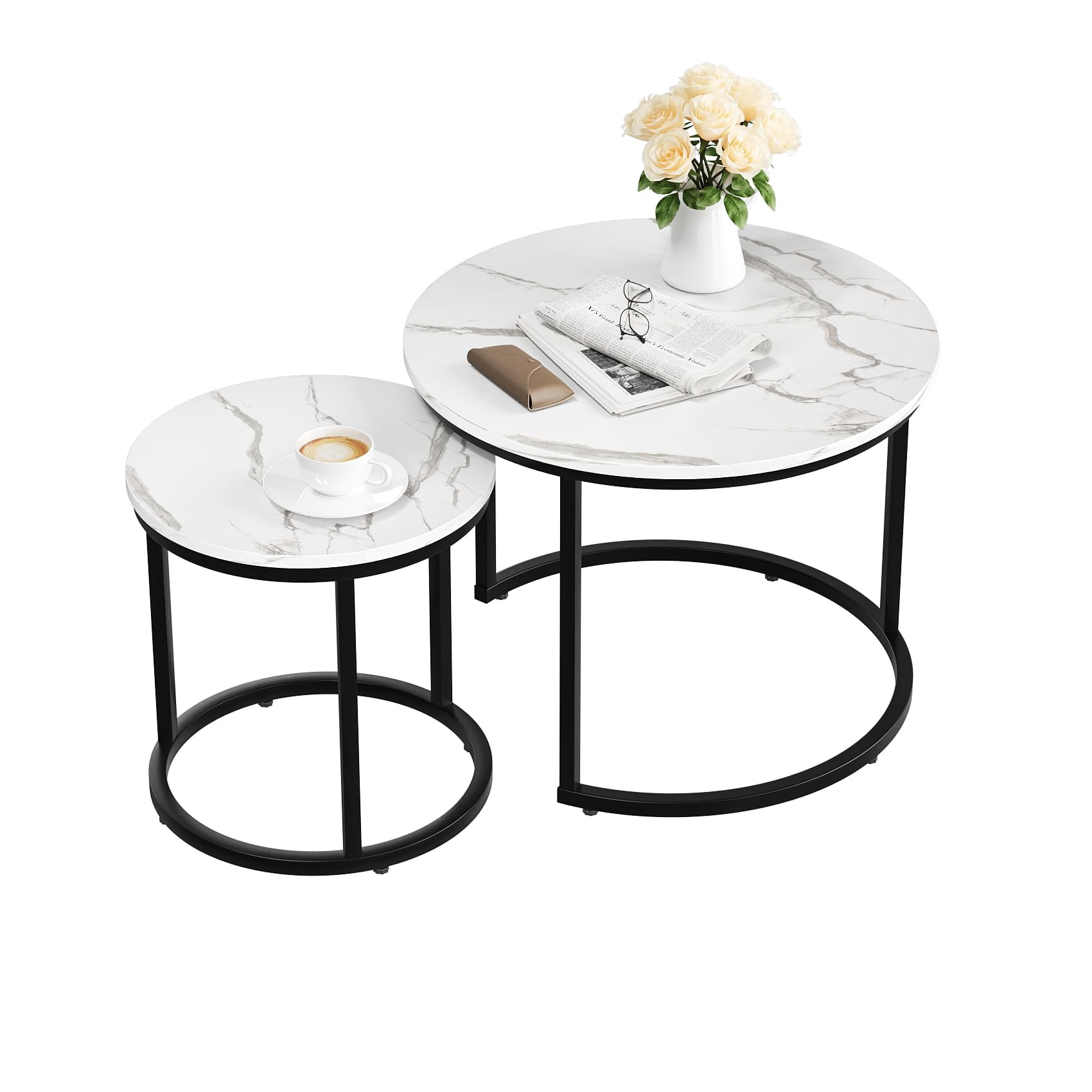 Semiocthome Modern Nesting Coffee Table Set,End Table for Living Room, 23.6" W, White,Marble Pattern