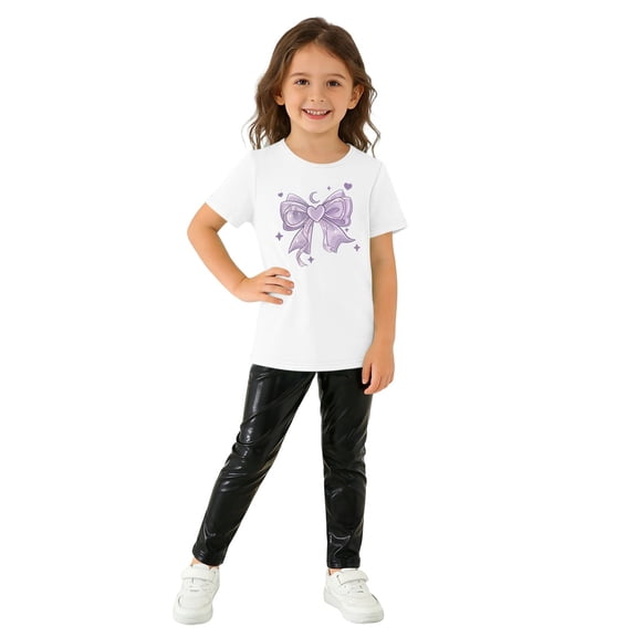 ITSAME Girls Outfit 2-Piece, Round Neck Bow Printed Top and Casual Pants Summer Casual Fashion Set for Kids White Size 7