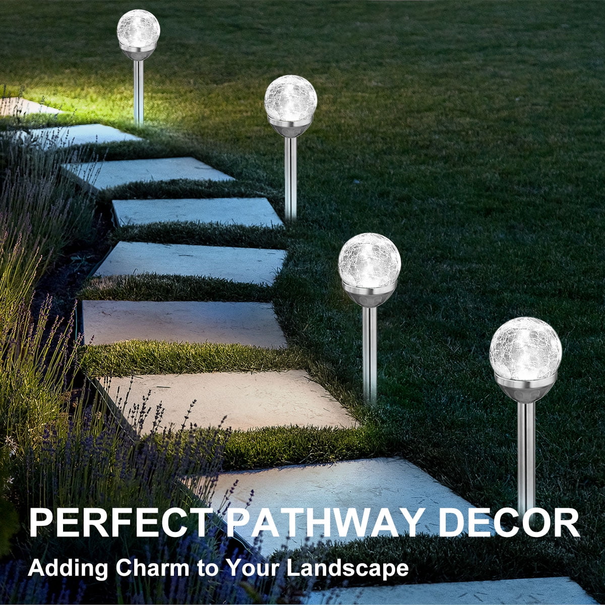 4 Pack Solar Lights Outdoor, Cracked Glass Ball Solar Garden Lights, Decorative LED Landscape Light for Patio Pathway Decor, White