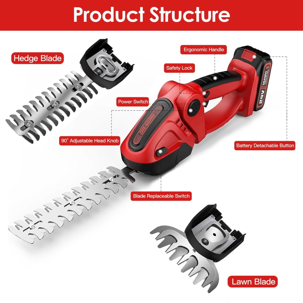 SLOK 24V Cordless Hedge Trimmer, 3-in-1 Grass Shears, Electric Shrub Trimmer with 2 Replaceable Blades