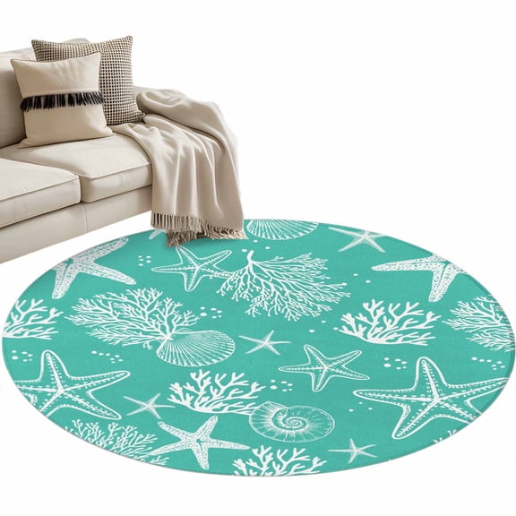 Teal Coastal Round Area Rugs Collection 3', Nautical Beach Starfish Coral Summer Non Slip Indoor Circular Throw Runner Rug Floor Mat Carpet for Living Room Dining Table Bedroom Nursery