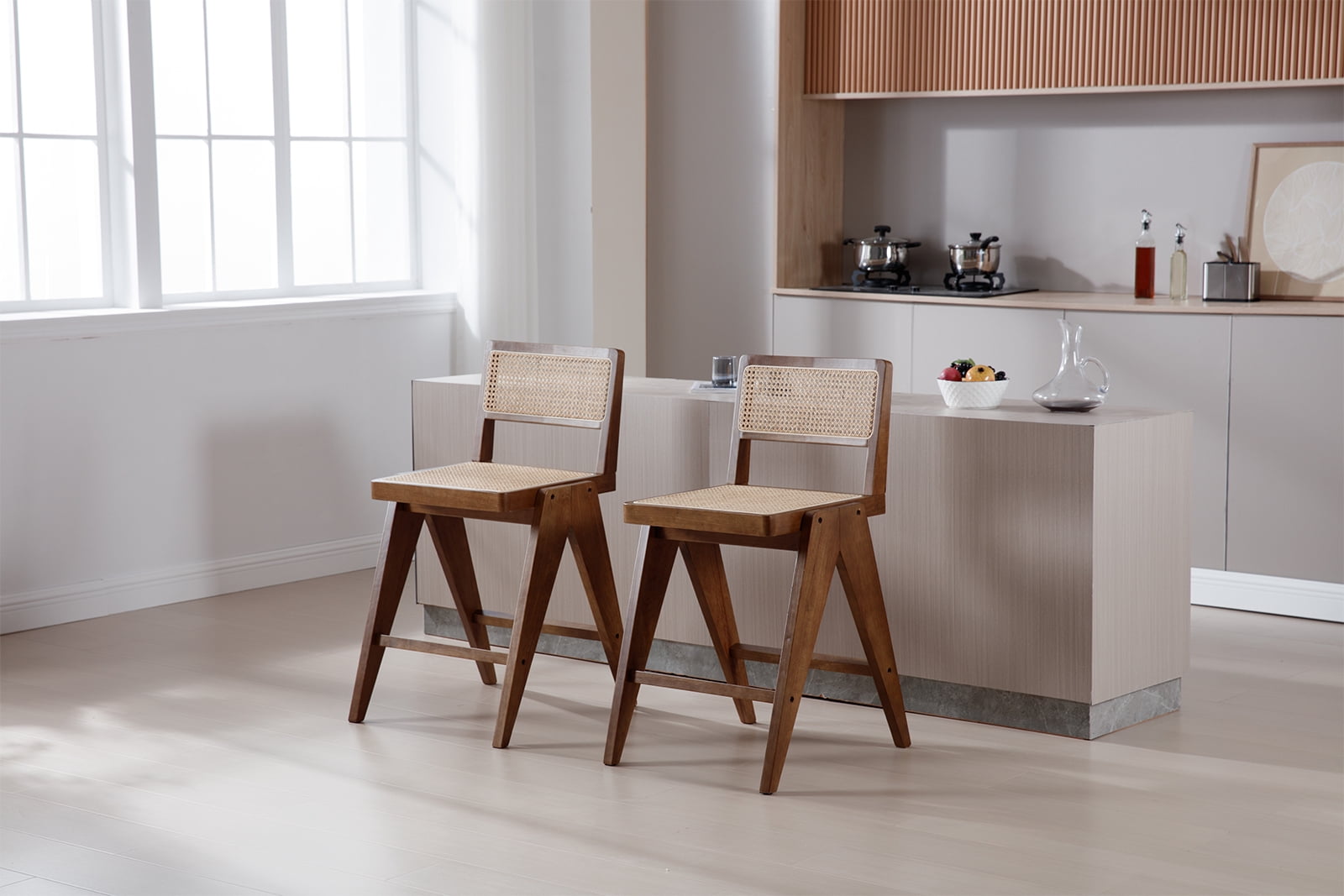 Dayalane 26" Rattan Counter Height Bar Stools Set of 2, French Bar Stools with Cane Back, Wooden Farmhouse Kitchen Chairs Counter Stools with Footrest for Kitchen Island Bistro Bar, Walnut