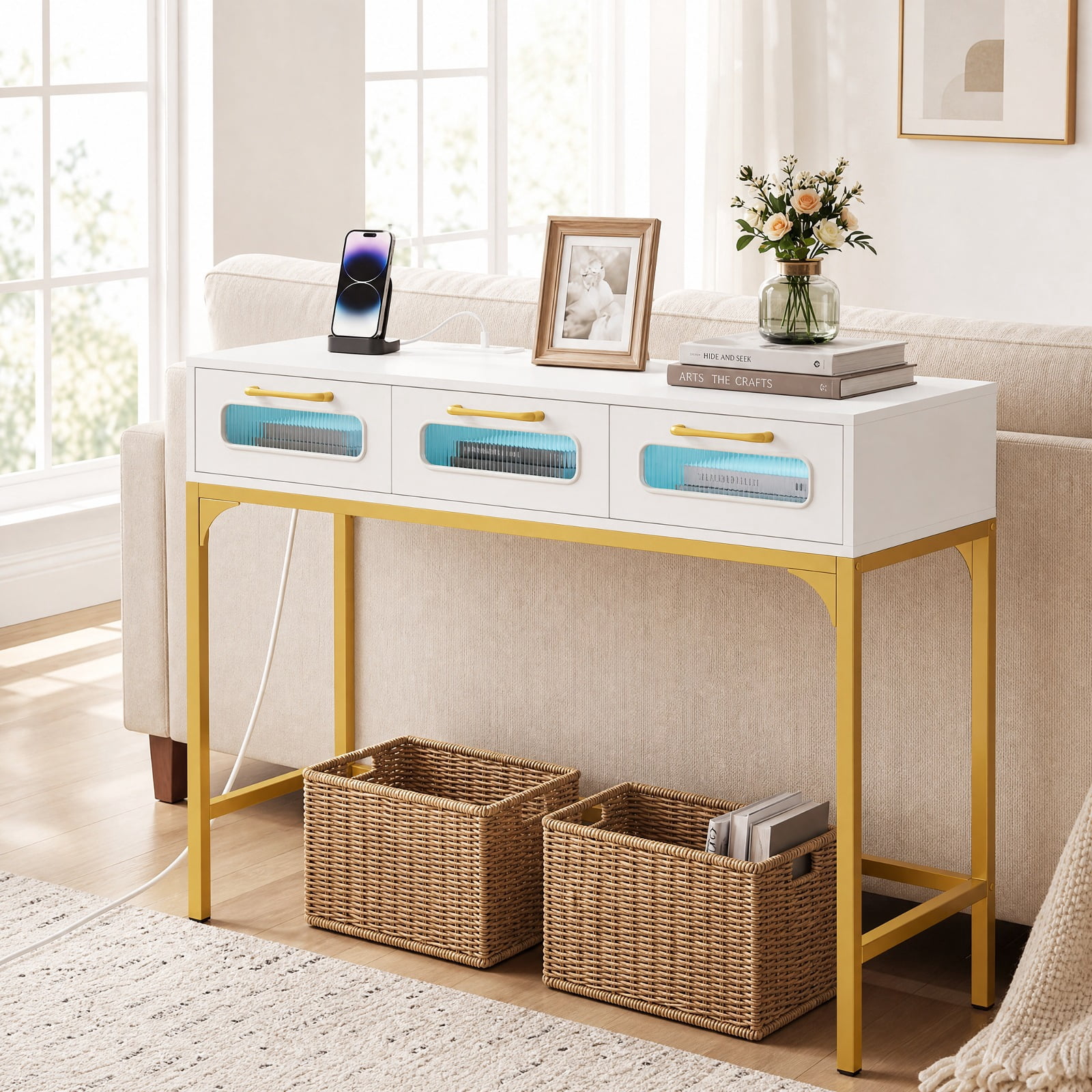 Furnibear Console Table with LED Lighting and Charging Station Entryway Table with Drawers for Living Room Hallway Sofa, White