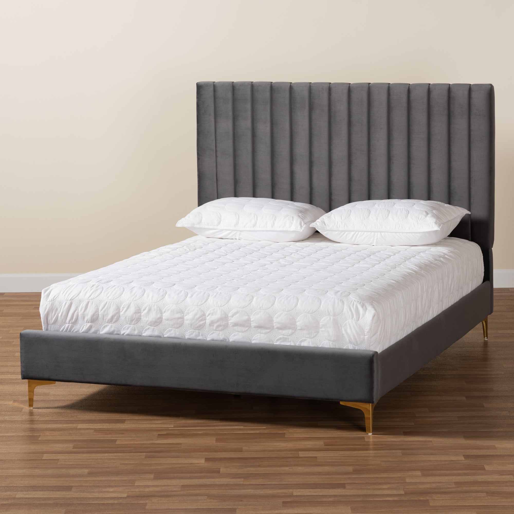 Baxton Studio Serrano Contemporary Glam and Luxe Grey Velvet Fabric Upholstered and Gold Metal Full Size Platform Bed