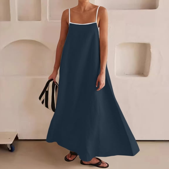 Womens Maxi Dress Contrast Spaghetti Straps Summer Outfits Travel Vacation Sleeveless Long Dresses Long Sleeve Summer Dresses Loose Summer Dress Midi Summer Dresses for Women Cute for Women Lon