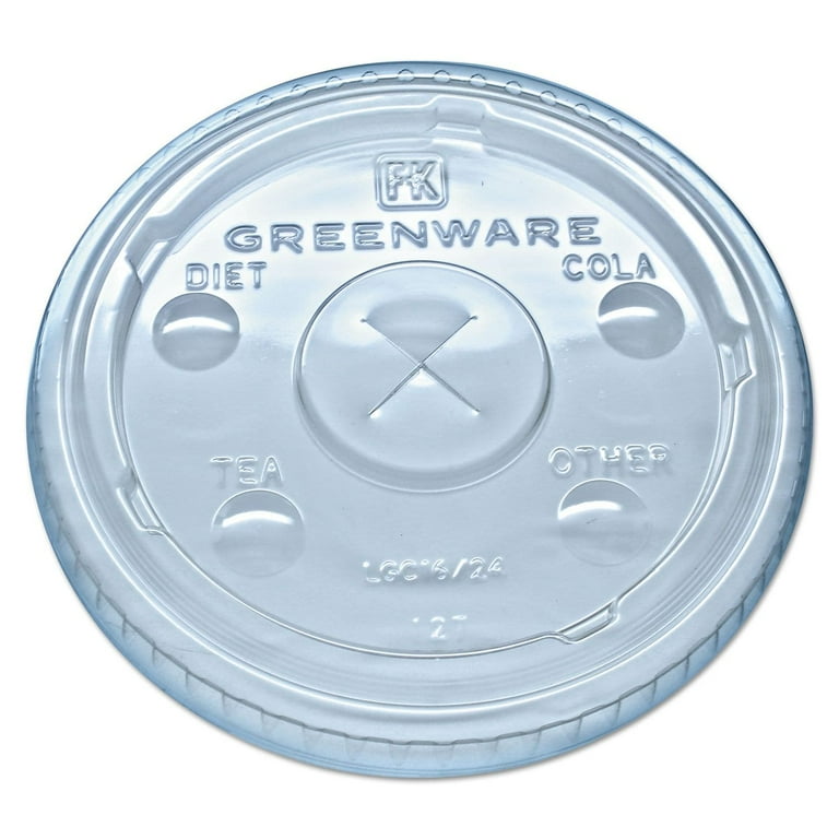 Greenware Cold Drink Lids, Fits 16 oz, 18 oz, 24 oz Cups, X-Slot, Clear, 1,000/Carton Greenware Cold Drink Lids, Fits 16 oz, 18 oz, 24 oz Cups, X-Slot, Clear, 1,000/Carton