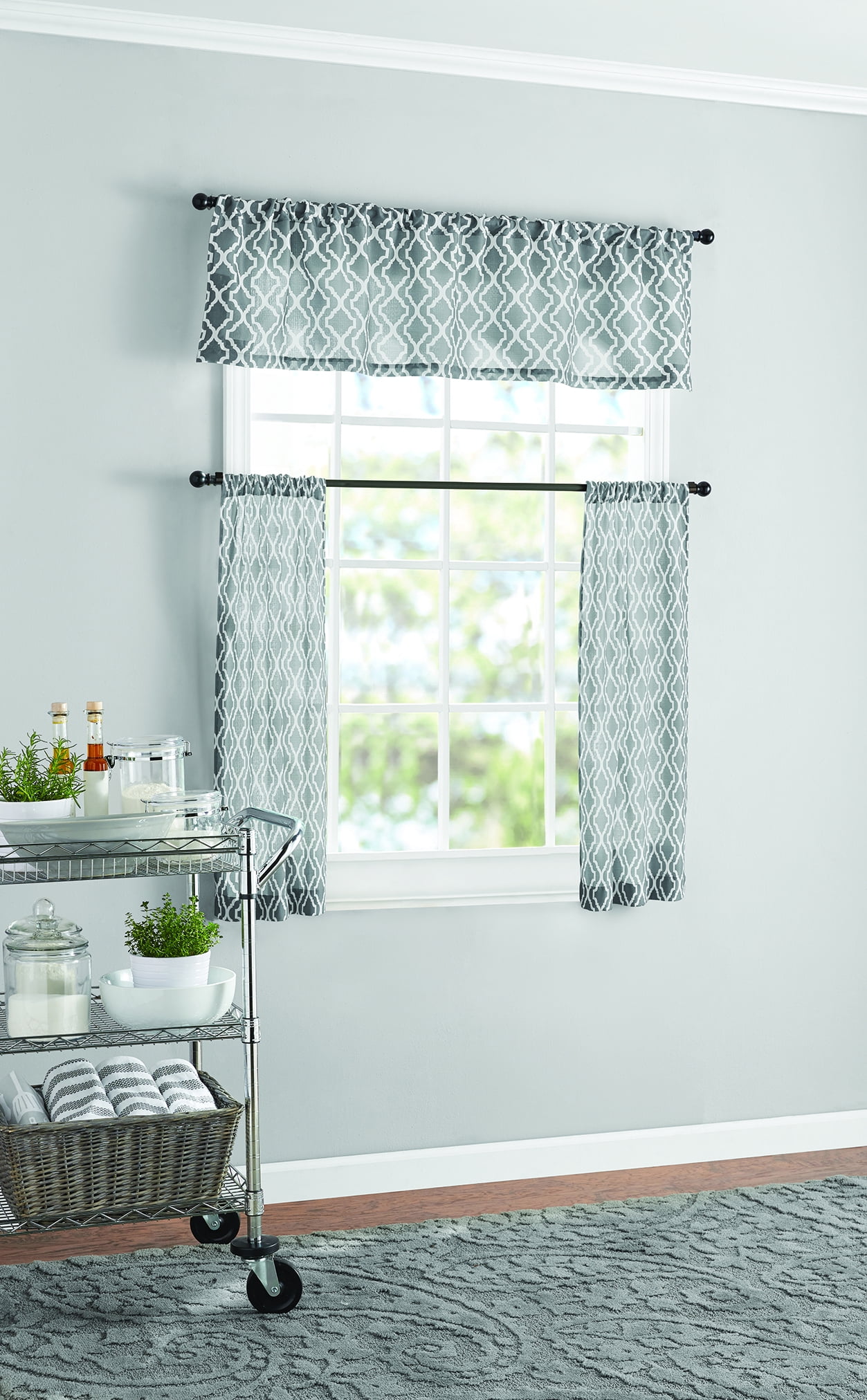 Mainstays Lattice Print Curtain Tier Pair and Valance Set, 3-Piece, Gray, 56" W x 36" L