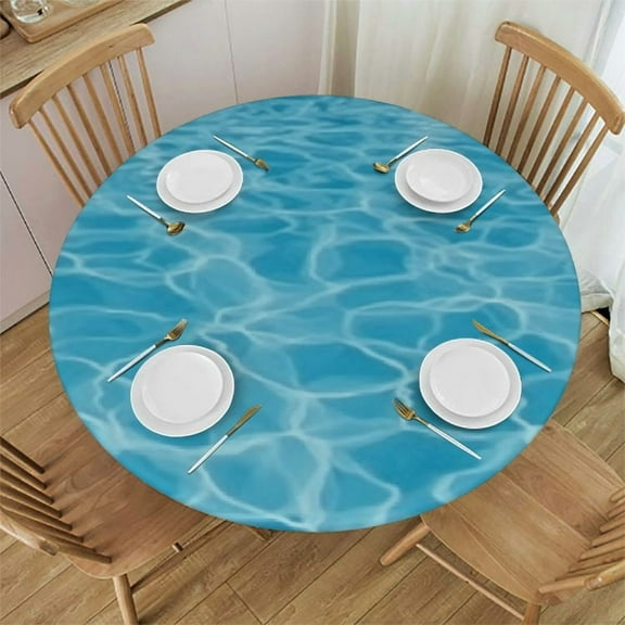 Summer Water Teal Fitted Elastic Table Cover for Round Table, Waterproof Oil Proof Tablecloth for Indoor Outdoor