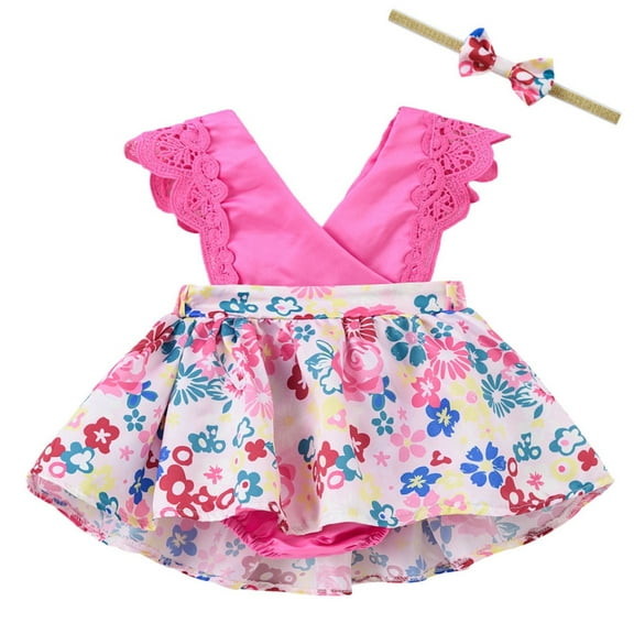JUoaLXG Baby Girls Casual Dresses Summer Sleeveless Floral Print Crawl Suit Headband 3 To 27 Months Dress Outwear,Pink,6-12 Months
