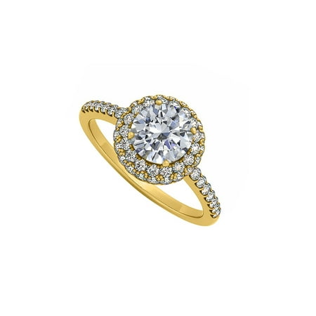 Double Halo Cubic Zirconia Engagement Ring in 14K Yellow Gold Best Price Range 0.75 CT