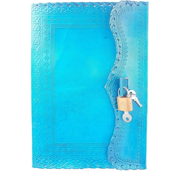 Jaald 10" Leather Journal Blank Notebook Handmade Travel Diary with Lock Writing Bullet Journal Christmas Gift Turquoise Sketchbook for Artists