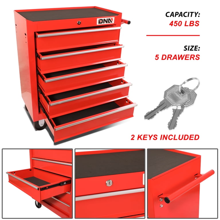 DNA Motoring TOOLS-00263 5-Drawer Red Plastic Top Rolling Tool