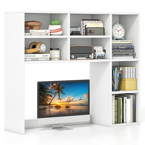 Giantex Desktop Bookshelf, Desk Hutch Dorm w/3 Adjustable Shelves, Wooden Desktop Storage Organizer, White