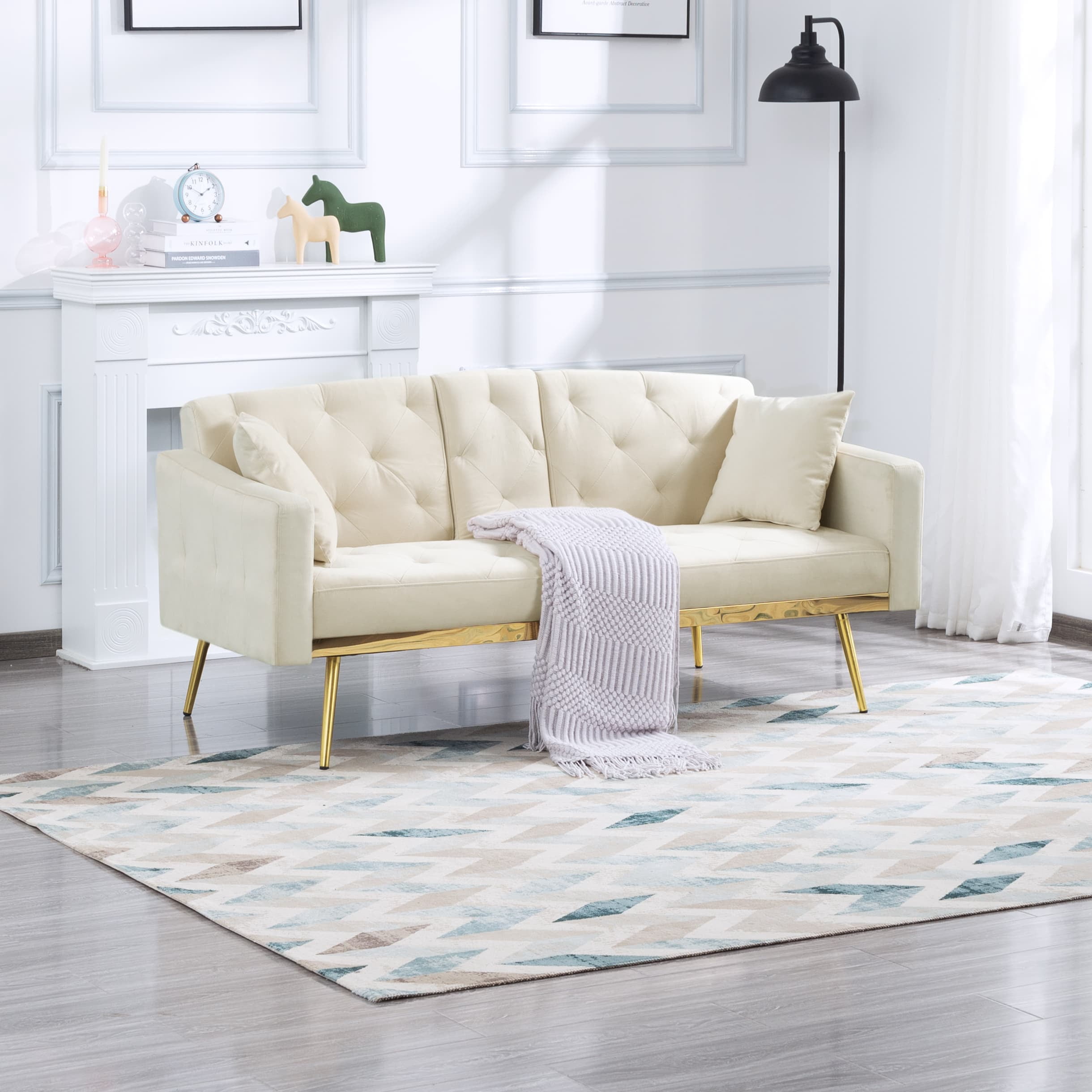 BSHTI 67.7”Futon Sofa Bed,Twin Size,3 Adjustable Positions Tufted Back,Square Arms and Tapered Metal Legs,Built-in Two Cup Holders Beige