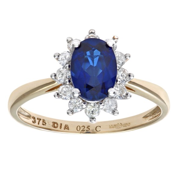 9ct Gold Jewelco London 1/4ct Diamond Oval Sapphire Royal Oval Cluster Ring 10mm