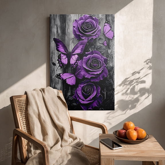 “Vibrant Purple Roses & Butterflies on Weathered Wood” Moody Canvas Wall Art Ready to Hang for Living Room and Bedroom
