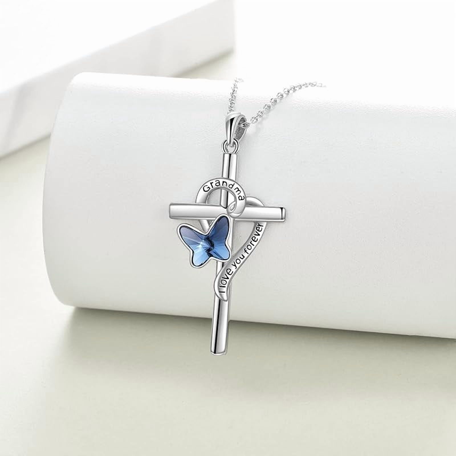 Grandma/Granddaughter Necklace Gifts for Women 925 Sterling Silver with Blue Butterfly Crystal Cross Necklace for women