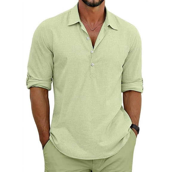 Classic Shirts Mens Linen Long Sleeve Button-Up Lapel Shirts Casual Summer Beach Shirt Light Green XXL