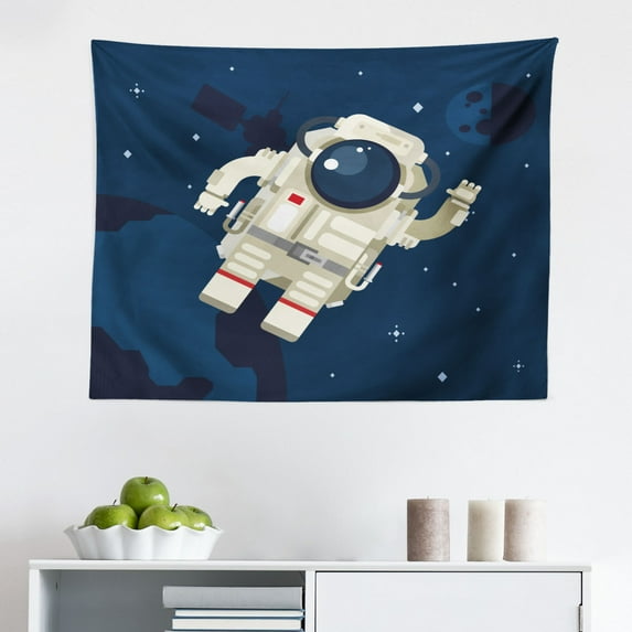 Astronaut Tapestry, Picturesque of 2 Humans on The Moon Spacewalk Brave Discoveries, Fabric Wall Hanging Decor for Bedroom Living Room Dorm, 2 Sizes, Purpleblue Multicolor, by Ambesonne