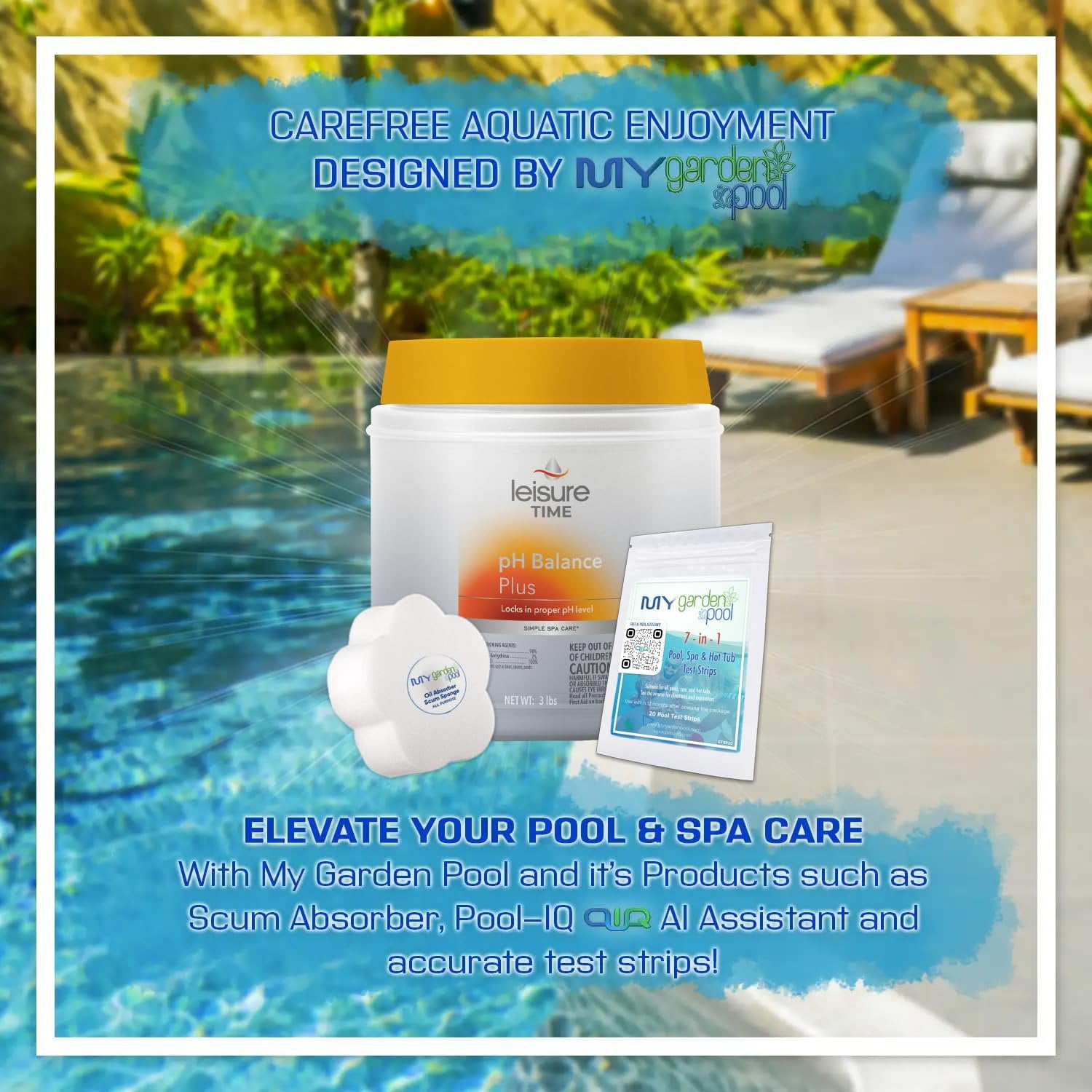 Leisure Time 45410A pH Balance Plus Spa and Hot Tub Water Care, 3 LBS with My Garden Pool 20 Ct. Test Strips & Scum Sponge Flower Oil-Absorbing Sponge for Hot Tubs and Pools