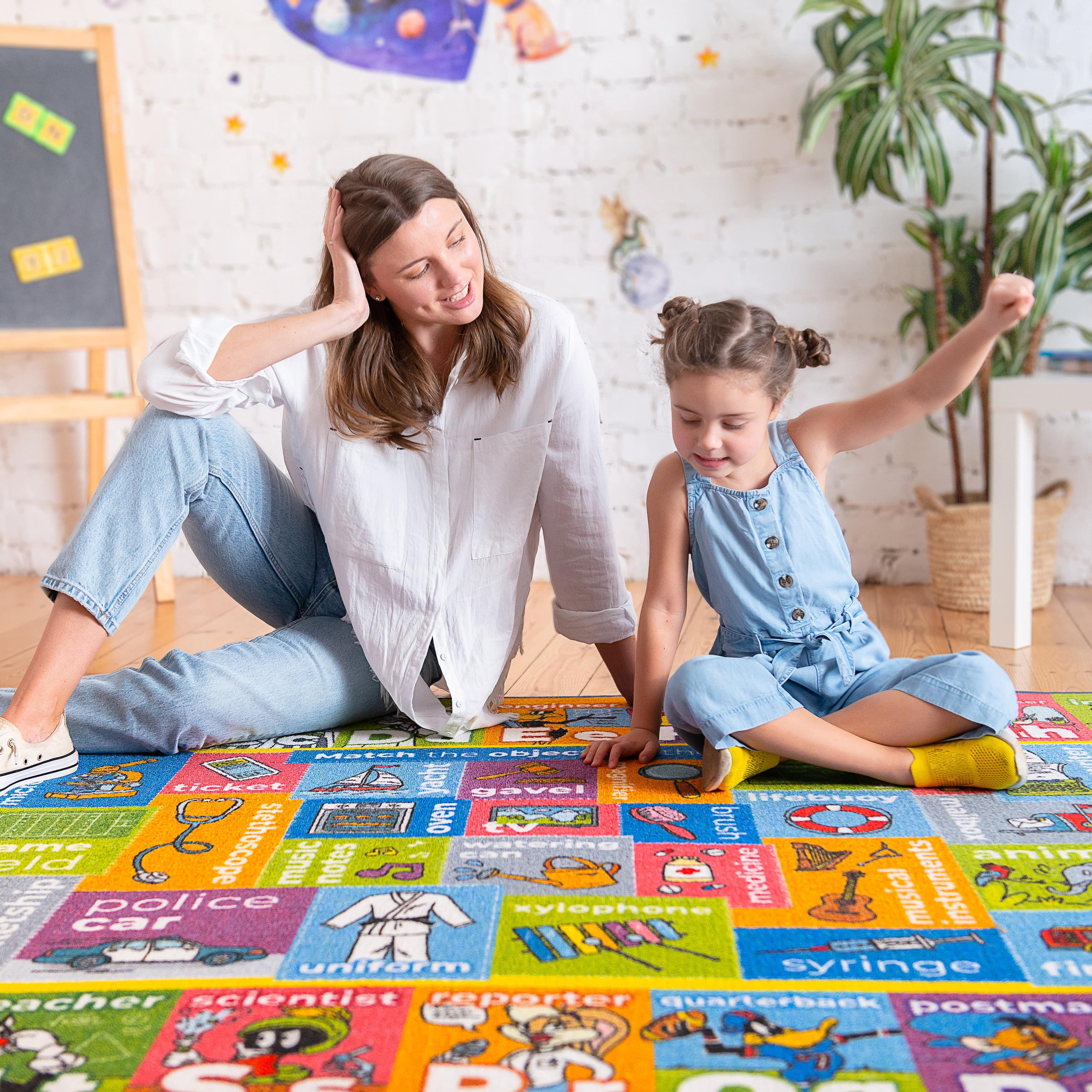 KC Cubs Alphabet Jobs Objects Matching Non‑Slip Rug Carpet Polypropylene Low Pile with Latex Rubber Backing