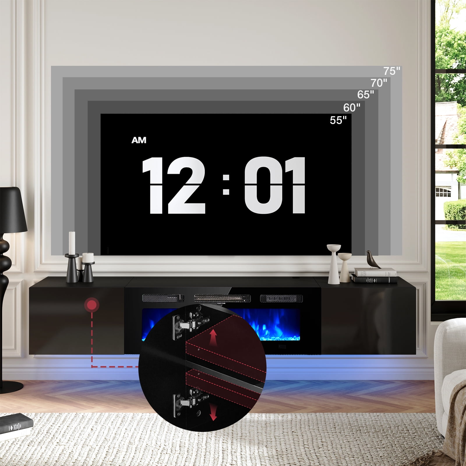 Easoger Floating TV Stand with 36" Electric Fireplace, Wall Mounted Fireplace Entertainment Center with Storage for TVs Up to 80", Adjustable Partition, Black/White (All Black)