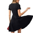 thumbnail image 4 of Elegant Short Sleeve Pleated Swing Round Neck Solid Color Loose Dress Women Casual Party Evening Gown Black L, 4 of 5
