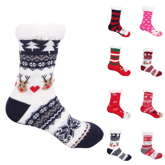 Hkoxplj Womens Fuzzy Christmas Socks Cozy Fleece Lined Floor Socks Soft Warm Plush Socks Winter Holiday Slipper Socks with Cute Reindeer Snowflake Patterns Stocking Stuffers for Women and Men