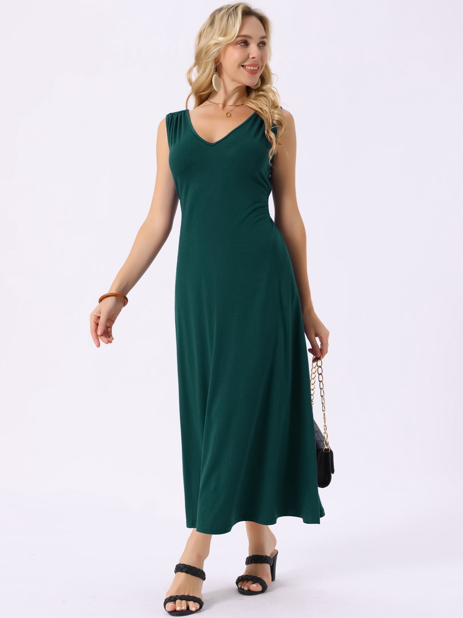 DARING DIVA Maxi Sleeveless V Neck Tie Waist Casual Long Dress XL Dark Green