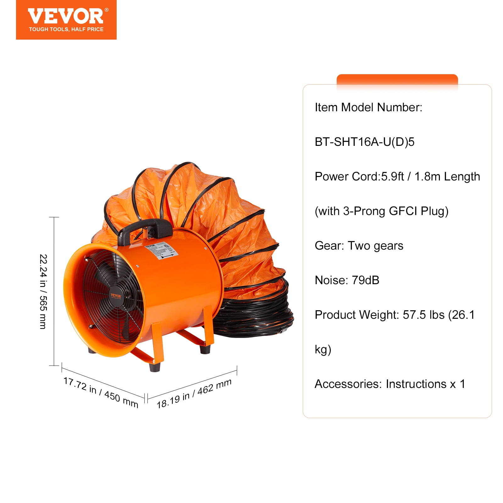 BENTISM 16" Extractor Fan Blower Portable 16.4ft Duct Hose Ventilator Industrial