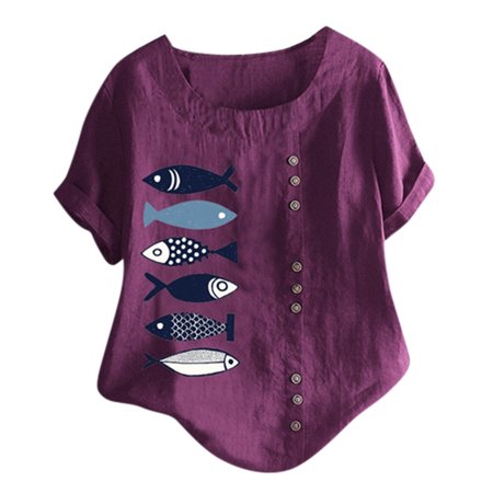 

Linen Shirts for Women Loose Floral Printed Cotton Linen Short Sleeve Top Casual Buttons Round Neck Tunic Blouse