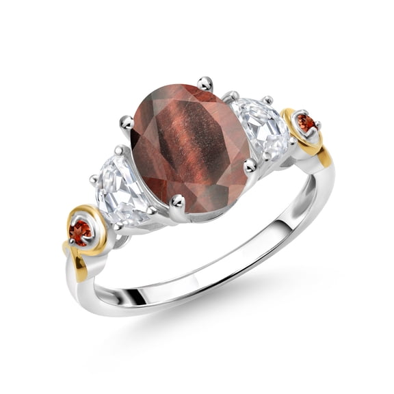 Gem Stone King 925 Silver and 10K Yellow Gold 3-Stone Ring Oval Red Tiger Eye and Moissanite (2.03 Cttw, Size 7)