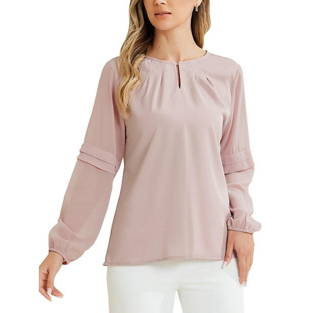 INSPIRAR CHIC Blusa de Chifón para Mujeres con Cuello de Llave, Manga de Parchwork, Elegante Top de Trabajo en Gris y Púrpura