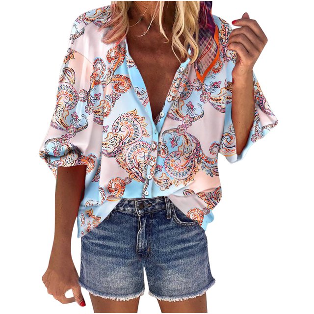 Camisa con estampado de botones con cuello en V de primavera y otoño para mujer Top suelto informal Pompotops FGAJ15569