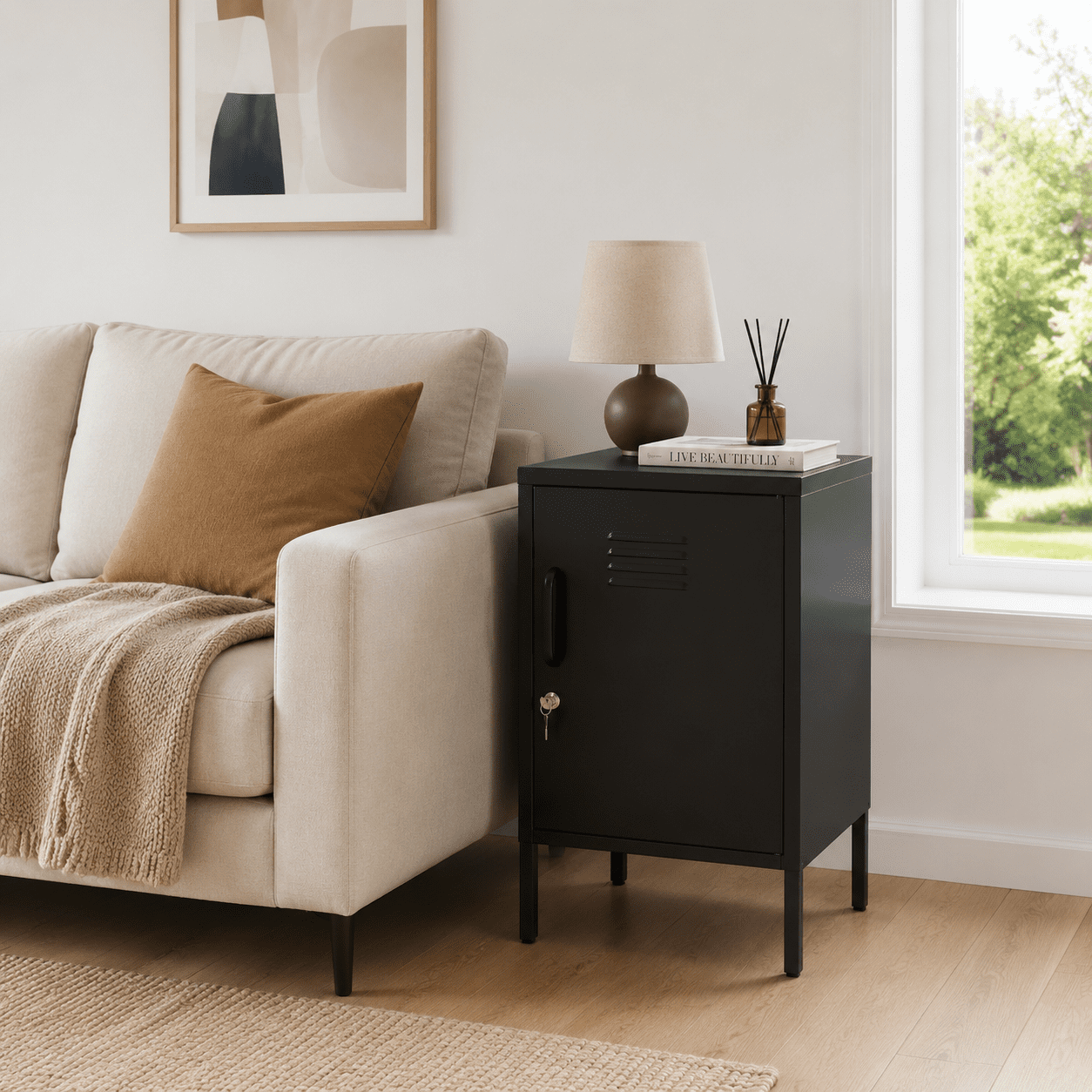 Leumius Small Metal Nightstand with Adjustable Shelf & Lockable Door,Modern Bedside Table End Table Side Cabinet for Bedroom,Living Room,Black