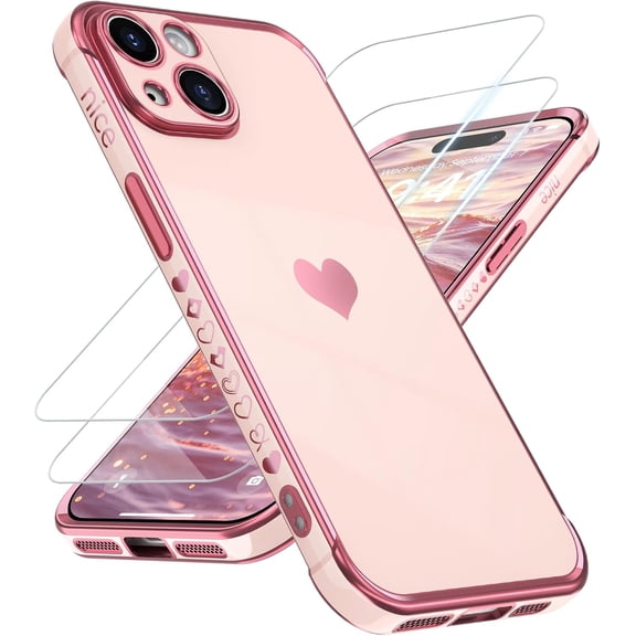 MYKOMI Compatible with iPhone 13 6.1", Phone Case Small Love Heart with Screen Protector, Luxury Plating Cute Phone Cases Soft TPU Pattern Print Design Shockproof Protection Cover for Women Girls