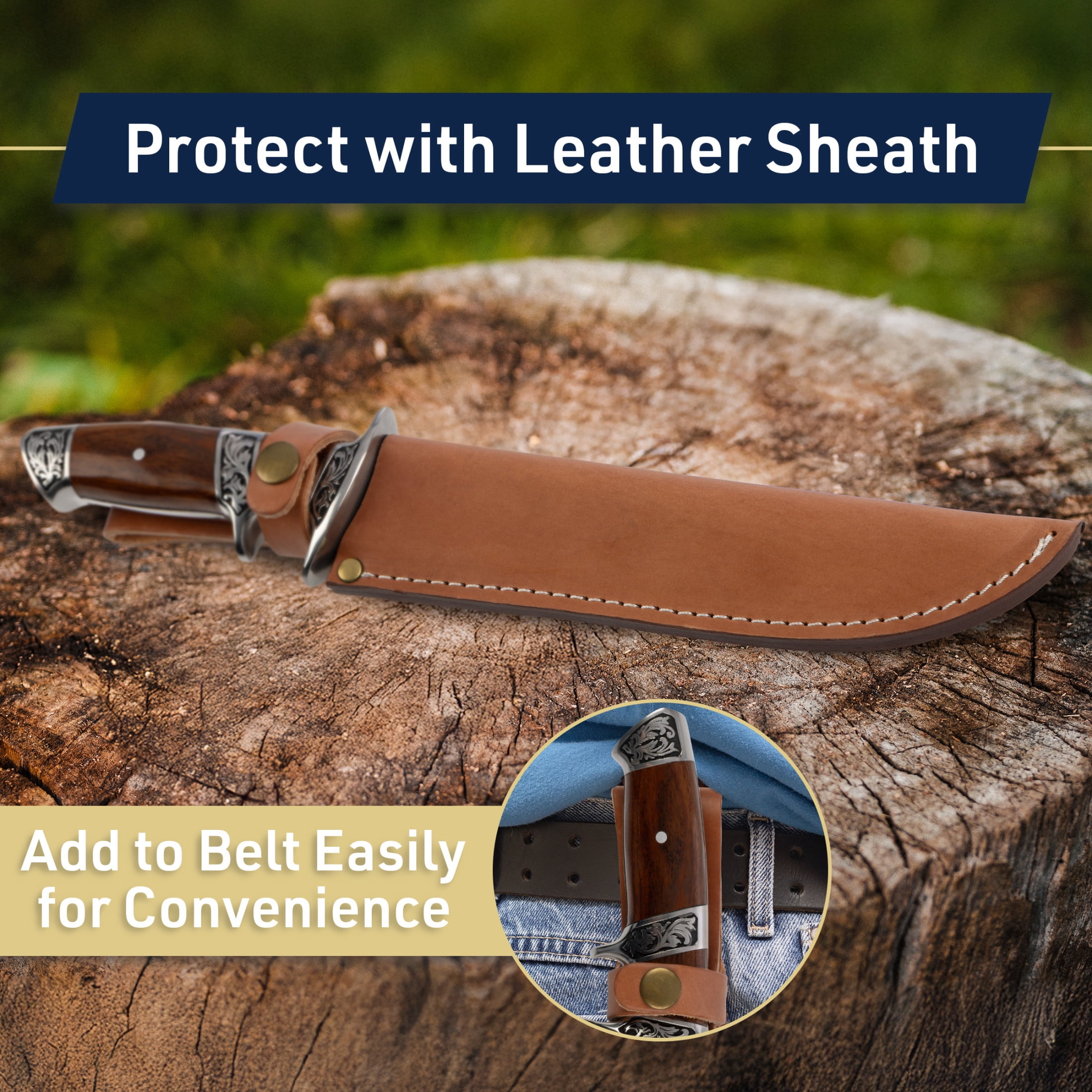 Kings County Tools Outdoor Hunting Knife with Sheath Stainless Steel Fixed Blade and Rosewood Handle