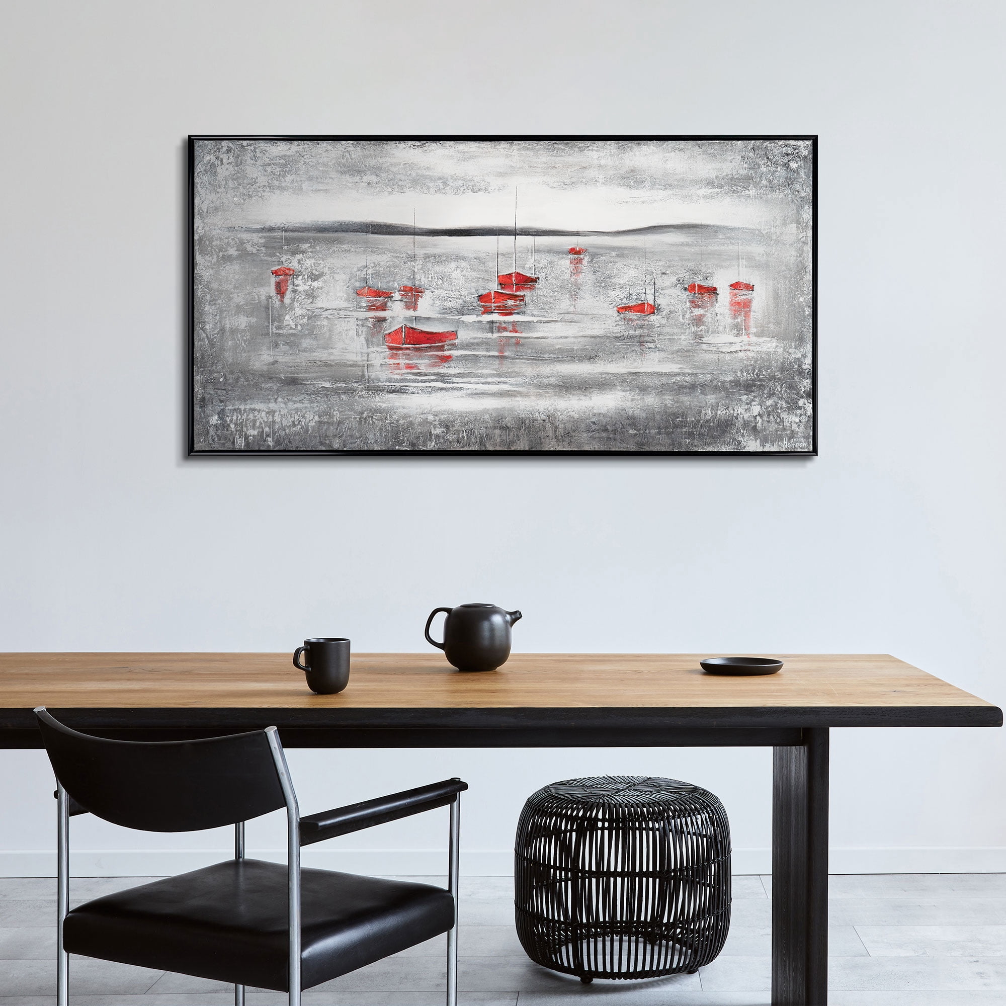 YS-Art Scarlet Pier Hand-Painted Acrylic Wall Art with Black Frame, Modern Textured Canvas Painting for Home, 24x48 in