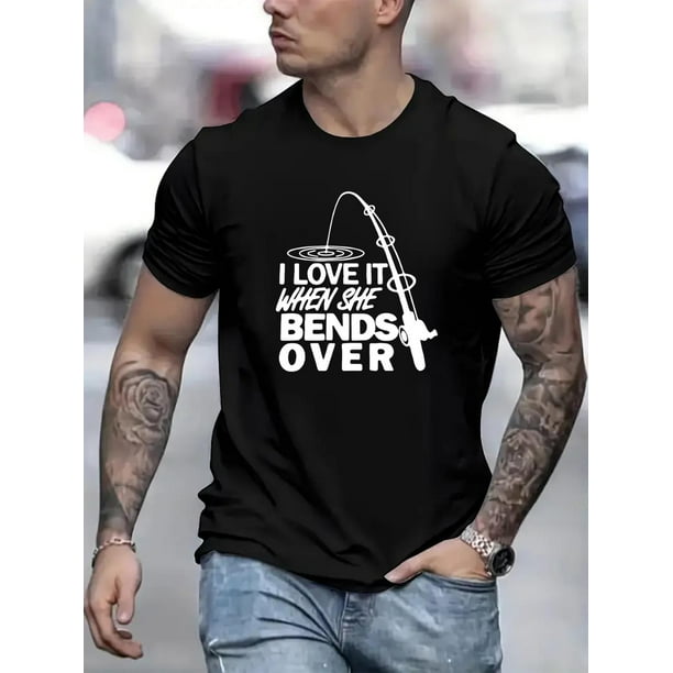 Camiseta ligera de verano con cuello redondo y estampado de caña de pescar para hombre. Transpirable, cómoda y de corte regular. Ideal para actividades al aire libre, ocio y entrenamiento. Ideal como