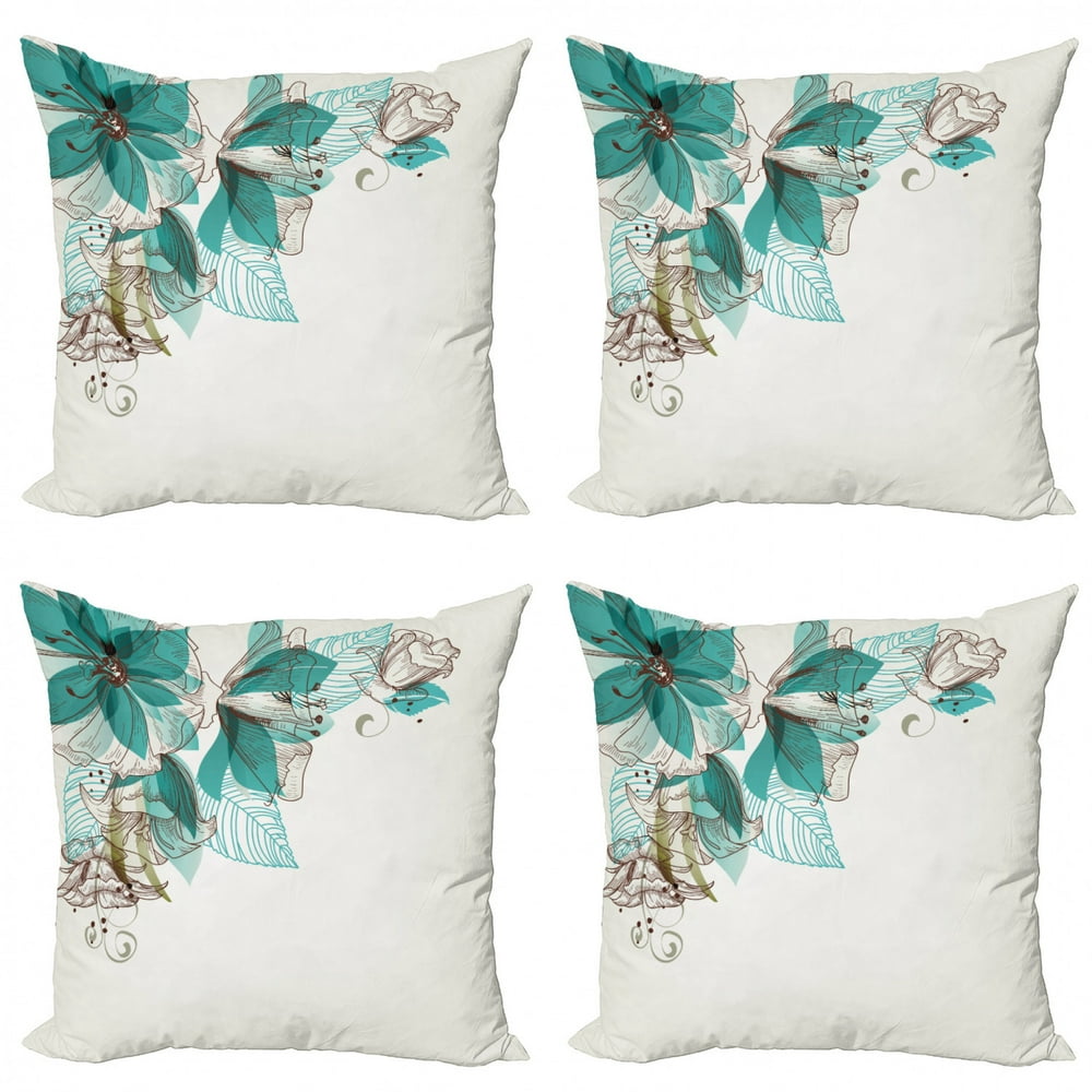 Turquoise Throw Pillow Cushion Case Pack Of 4 Flowers Buds Leaf At The Top Left Corner Season 1595