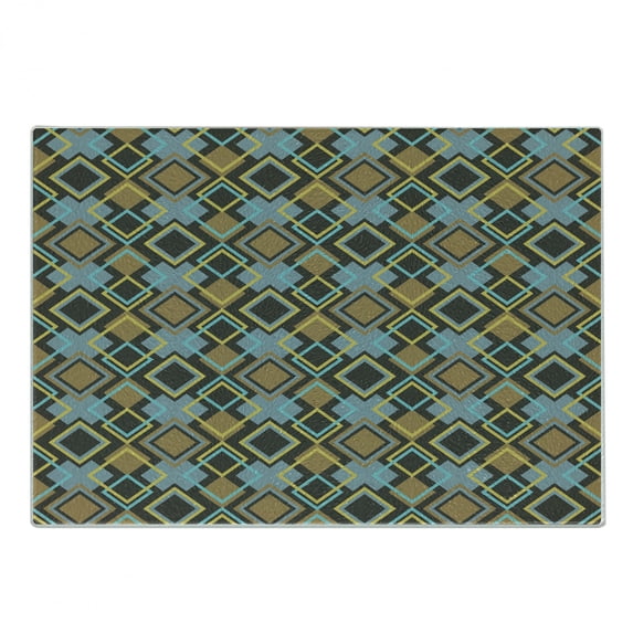Geometric Cutting Board, Abstract Rhombuses with Bullseye Pattern Modern Mosaic Tile Design Vintage Theme, Decorative Tempered Glass Cutting and Serving Board, Small Size, Multicolor, by Ambesonne