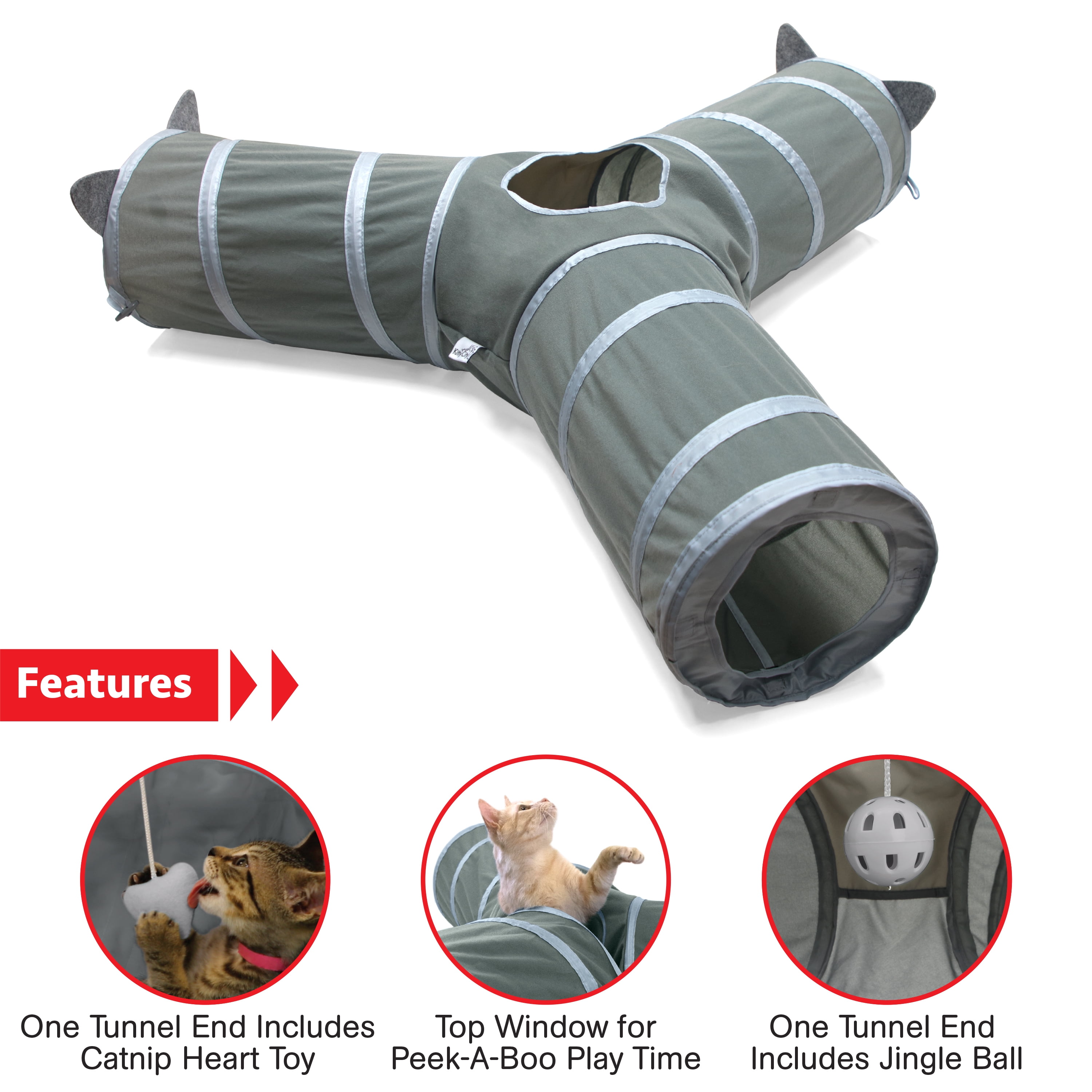 Kitty City Gray Pop-Up 3-Way Cat Tunnel with Catnip Toys, Expandable Playset for Cats & Kittens