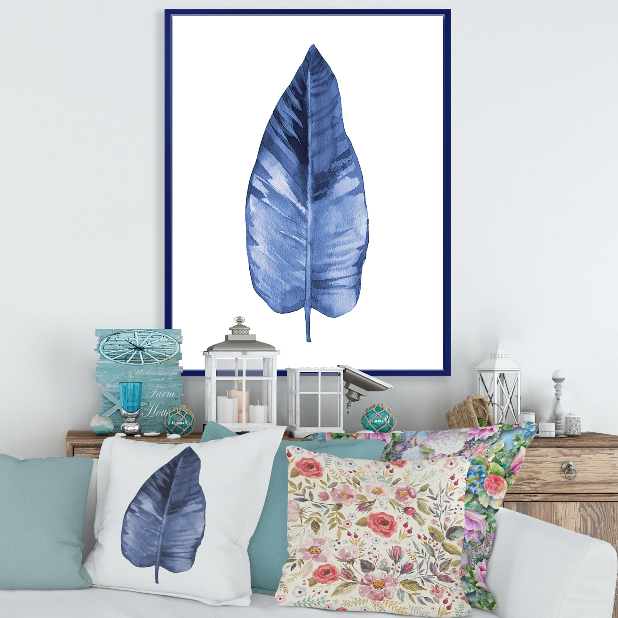 Designart 'Blue Leaf Watercolour On White Background' Traditional Framed Canvas Wall Art Print