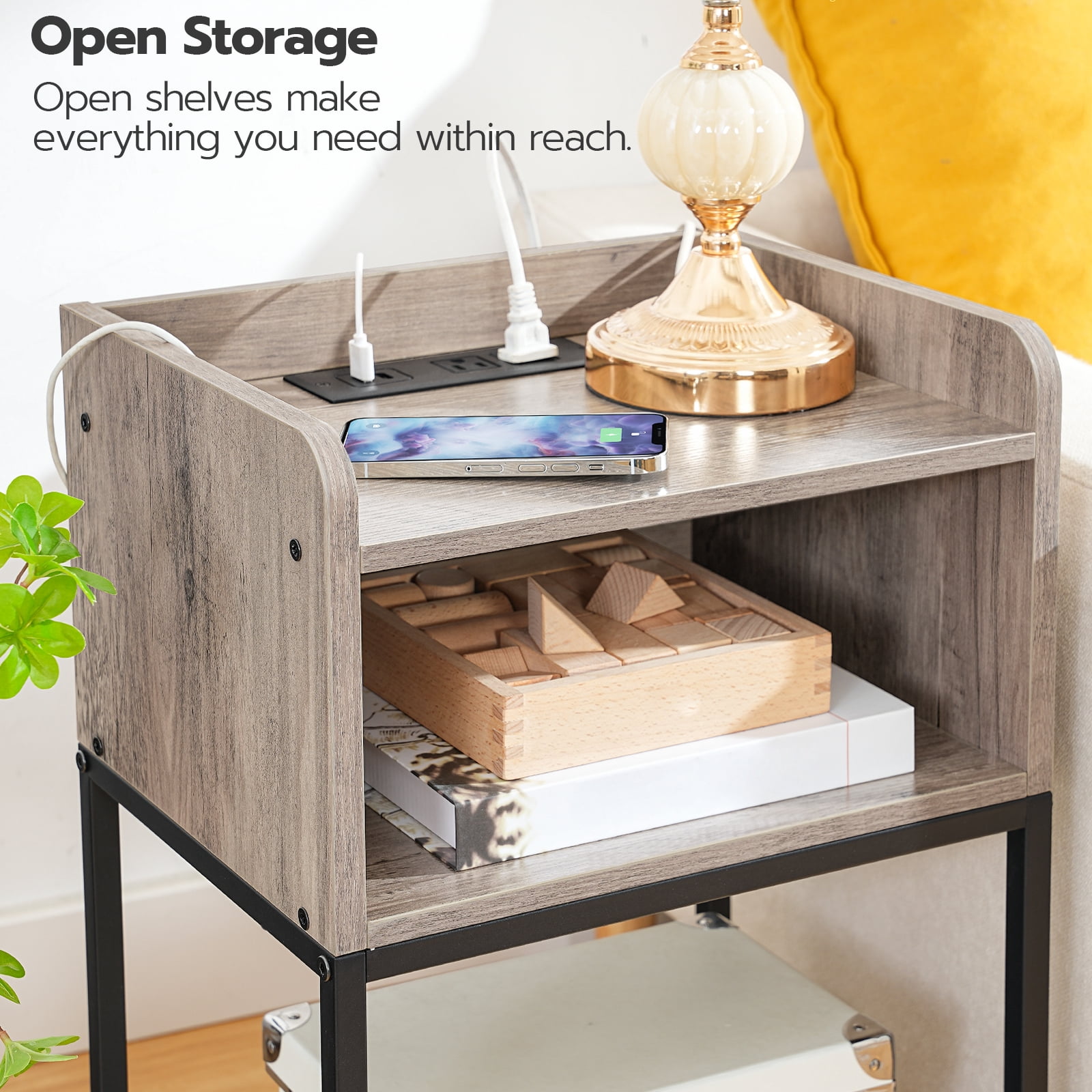 HOOBRO Nightstand with Charging Station & Drawer, Greige