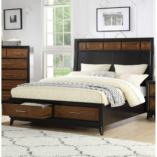 Wooden Cal.King Bed With Black Headboard Insert, & 2 Footboard Drawers