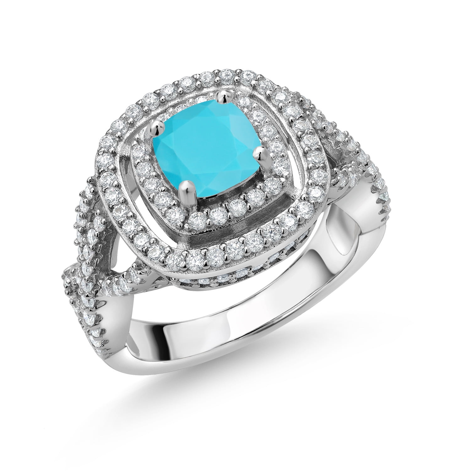 Gem Stone King 925 Sterling Silver Green Turquoise and White Moissanite Ring for Women (1.81 Cttw, Gemstone Birthstone, Cushion Cut 6MM, Size 7)