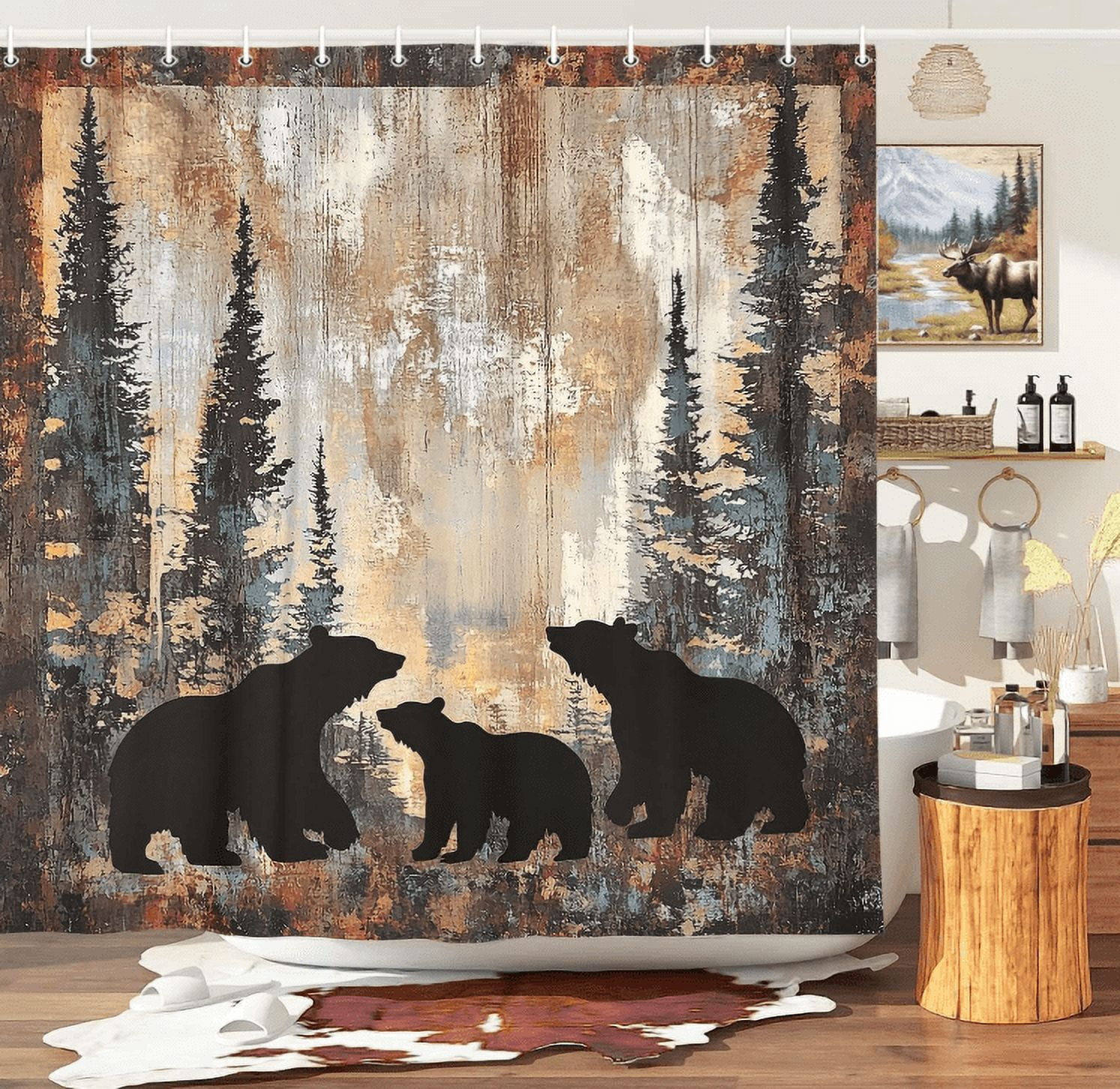 Bear Shower Curtains Rustic Cabin Lodge Woodland Wildlife Bath Curtain with Pine Trees and Black Bear in The Woods, Animal Hunting Camo Bathroom Decor Set with Hooks 70X75IN