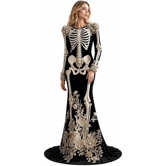 Guvpev Women's Skeleton Dress, 3D Print Floral Long Sleeve Velvet Mermaid Gown, Halloween Costume for Cospaly Party & Fancy Dress